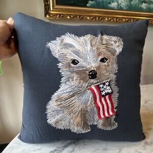 Pier 1 Imports Embroidered Dog Patriotic Decorative Throw Pillow Navy Red White